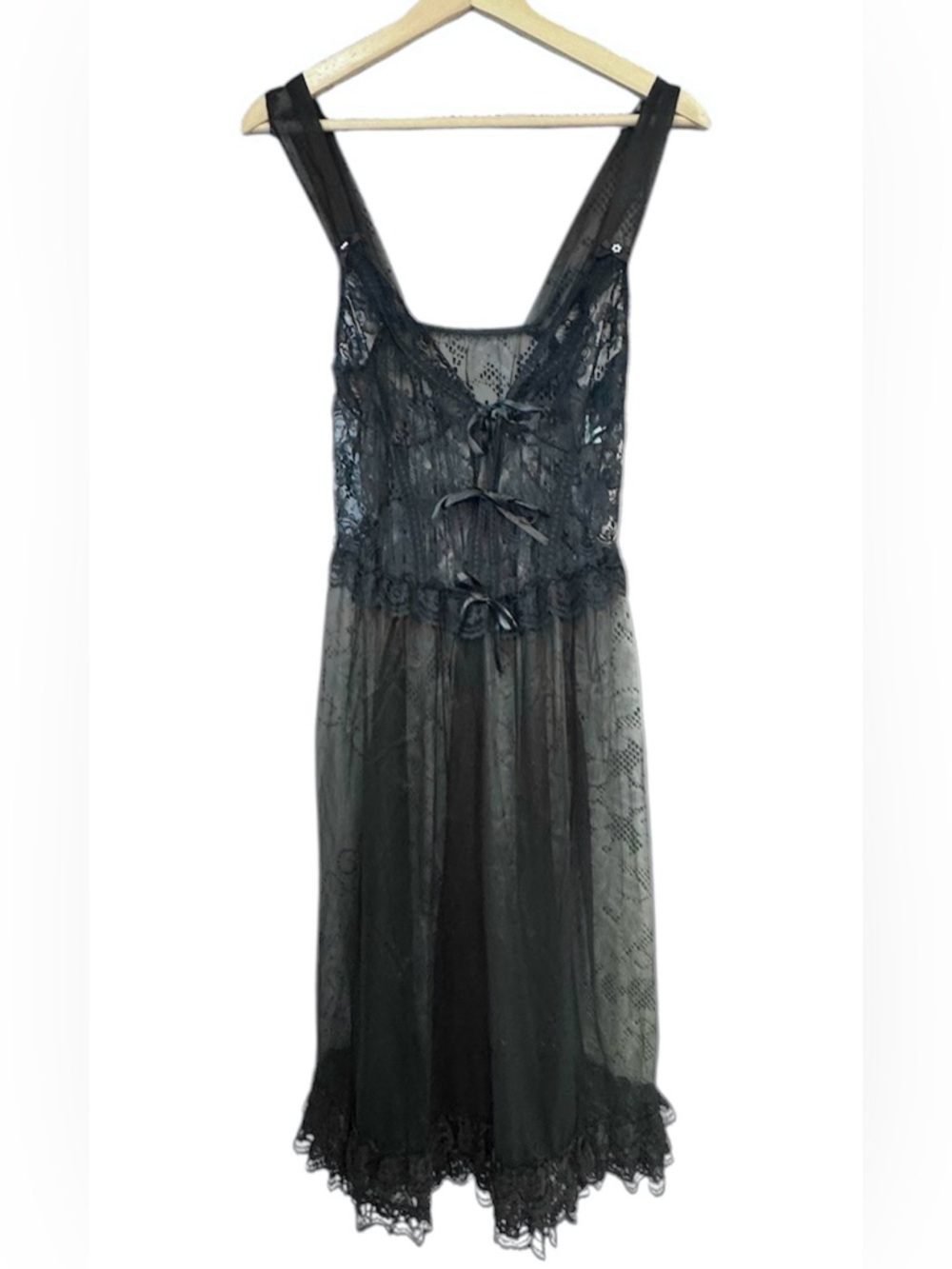 Jill Andrea VTG Lingerie Coverup Sheer Lace Pearl Bows M/L Black Feminine Dainty